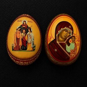 Vintage 2 Piece Russian Orthodox Icon Wooden Easter Eggs Hand Painted 4.5 inches